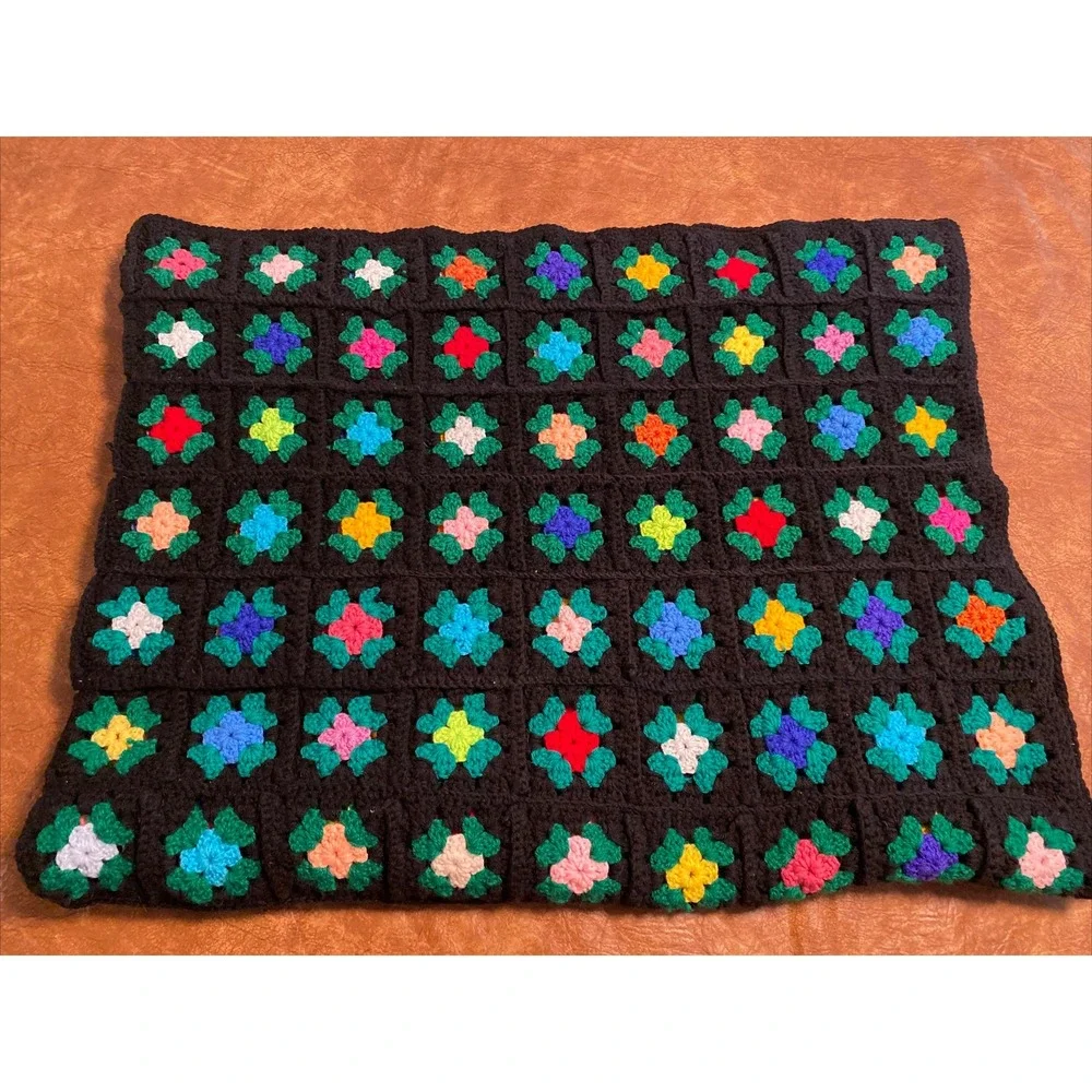 Vtg Square Black Afghan 69